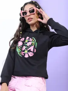 Tokyo Talkies Women Black Printed Hooded Sweatshirt