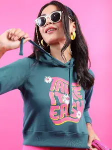 Tokyo Talkies Women Teal Printed Hooded Sweatshirt