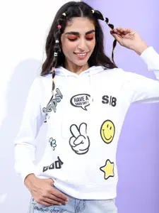 Tokyo Talkies Women White Printed Hooded Sweatshirt