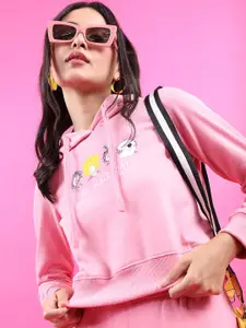 Tokyo Talkies Women Pink Printed Hooded Sweatshirt