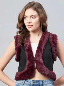 StyleStone Women Black & Maroon Crop Shrug