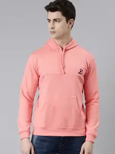 TOM BURG Men Pink Hooded Fleece Sweatshirt