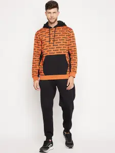 EDRIO Men Black & Orange Color Printed Fleece Tracksuits With Hooded