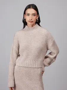 20Dresses Women Beige Self Design Turtle Neck Boxy Short Pullover Sweater
