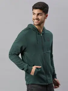 Dennis Lingo Men Green Solid Cotton Hooded Front-Open Sweatshirt
