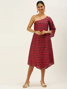 Ethnovog Maroon Printed Chanderi Art Silk One Shoulder Ethnic Dress