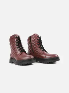 Carlton London Women Burgundy Textured Lace-Up High Ankle Leather  Boots