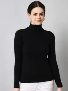 BROOWL Women Black Turtle Neck Pullover