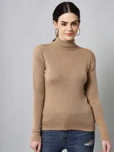BROOWL Women Camel Brown Turtle Neck Pullover