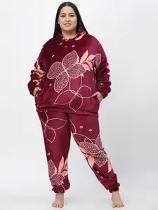 KLOTTHE Women Plus Size Printed Hooded Woollen Night Suit