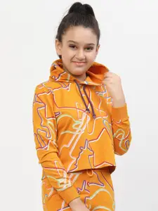 SPUNKIES Girls Orange Printed Organic Cotton Hooded Sweatshirt