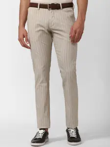 Peter England Casuals Men Beige Striped Slim Fit Trouser