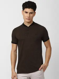 V Dot Men Brown Abstract Self Design Mandarin Collar Slim Fit T-shirt