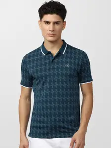 V Dot Men Blue Abstract Printed Polo Collar Slim Fit T-shirt