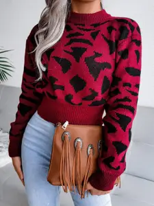 BoStreet Women Maroon & Black Printed Acrylic Pullover