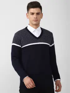 Van Heusen Men Navy Blue & White Pullover Sweater