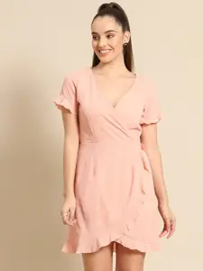 DODO & MOA Women Peach Solid Tulip Mini Wrap Dress