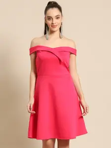 DODO & MOA Women Fuchsia Solid Off-Shoulder A-Line Dress