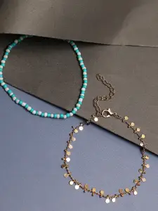 SOHI Set Of 2 Gold-Plated & Blue Beaded Anklets Cum Bracelets