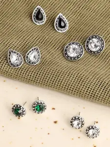 SOHI Set of 5 Silver-Toned & Green Gold-Plated Teardrop Shaped Studs Earrings