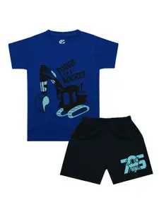 Silver Fang Boys Blue & Black Printed Pure Cotton T-shirt with Shorts