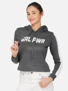 NEU LOOK FASHION Women Grey Melange Printed Hooded Sweatshirt