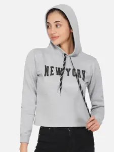 NEU LOOK FASHION Women Grey Melange Printed Hooded Sweatshirt