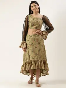 Ethnovog Green Printed Thread Work Ready to Wear Lehenga Choli