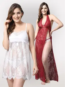 Shararat Women White & red Set Of 2  Sleeveless Nightdress