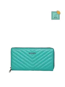 Sassora Women Turquoise Blue & Silver-Toned Geometric Textured Quilted Leather Zip Around Wallet