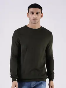 MR BUTTON Men Olive Green Solid Long Sleeves Pullover