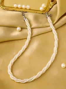 Yellow Chimes White & Silver-Toned Twisted Pearl Beaded Necklace