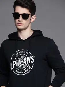 Louis Philippe Jeans Men Navy Blue & White Printed Hooded Sweatshirt