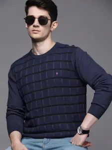 Louis Philippe Jeans Men Navy Blue Pure Cotton Self-Checked Pullover