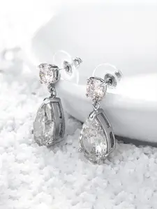 Yellow Chimes Silver-Toned & White Crystal Studdd Oval Shape Drop Earrings