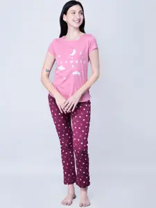 LYRA Women Pink & Magenta Printed Pure Cotton Night suit