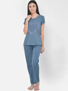 LYRA Women Blue & Pink Pure Cotton Printed Night suit