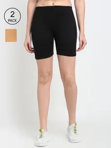 Jinfo Women Pack of 2 Black & Beige Solid Cycling Shorts