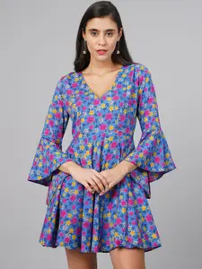 SCORPIUS Blue & Pink Floral Crepe A-Line Dress