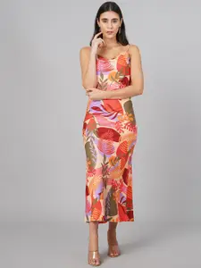SCORPIUS Red & Green Floral Satin Maxi Maxi Dress
