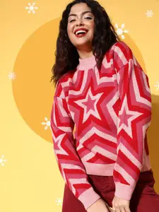 Berrylush Women Pink Geometric Printed Pullover Sweater