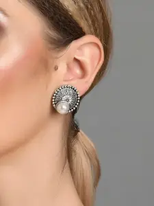 ToniQ White Circular Studs Oxidised Earrings