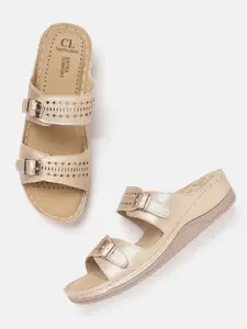 Carlton London Women Golden Solid Flatform Heel Sandals with Laser Cut Detail