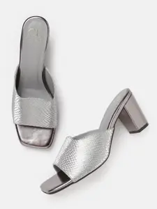 Carlton London Women Silver Textured Party Block Heel Sandals