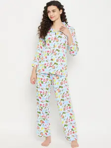 Clovia Women Blue & Green Printed Night suit