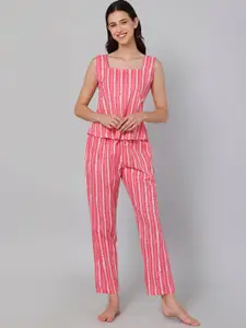 DRAPE IN VOGUE Women Pink & Off White Pure Cotton Printed Night suit