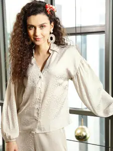 STREET 9 Women Cream-Coloured Boxy Printed Satin Casual Shirt