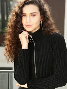 STREET 9 Women Self Striped Crop Sweatshirt