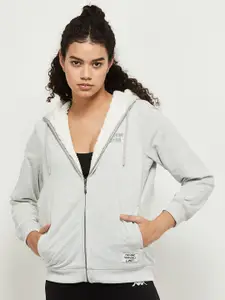max Women Grey Melange Front-Open Cotton Hooded Sweatshirt
