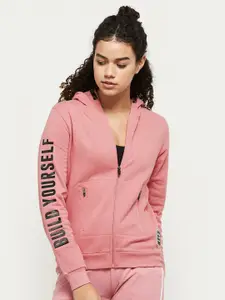 max Women Pink Printed Pure Cotton Hooded Sweatshirt